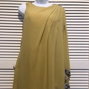 Gold chiffon beaded off shoulder dress